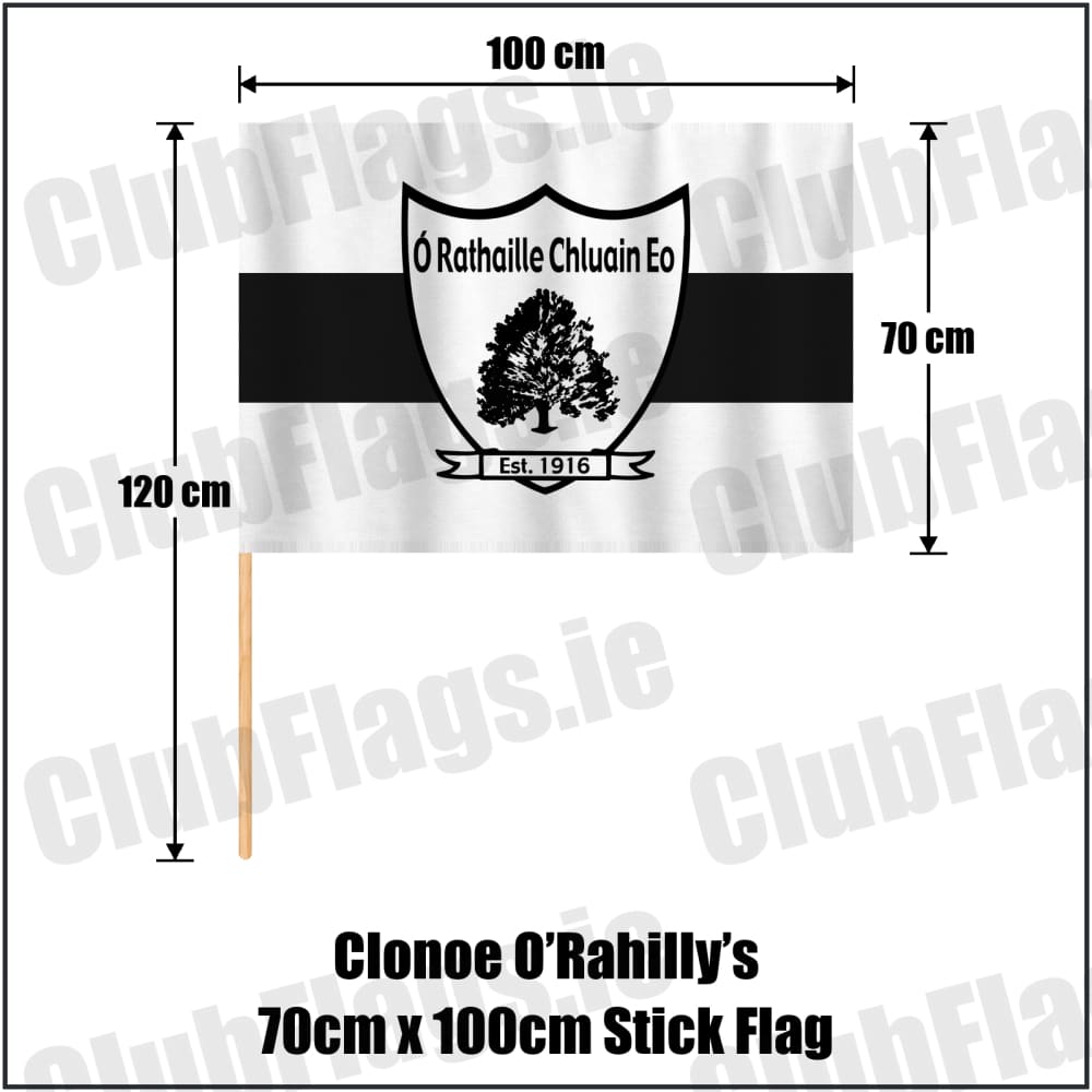 Clonoe O’Rahilly’s 70cm x 100cm Stick Flag in white and black, featuring the club crest on realistic fabric with gentle vertical folds; County Tyrone GAA. ClubFlags.ie.