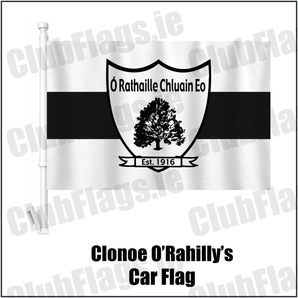 Clonoe O’Rahilly’s Car Flag in white and black, featuring the club crest on realistic fabric with gentle vertical folds; County Tyrone GAA. ClubFlags.ie.