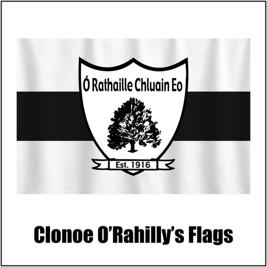 Clonoe O’Rahilly’s Flags, featuring the club crest and white and black colours; County Tyrone GAA. ClubFlags.ie.