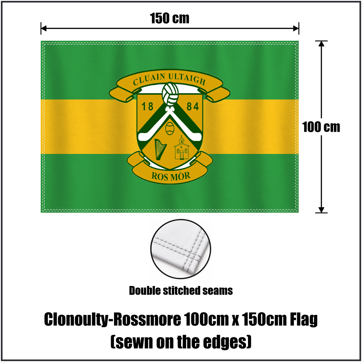 Clonoulty-Rossmore 100cm x 150cm Flag (sewn on the edges), featuring the club crest and green and gold colours; County Tipperary GAA. ClubFlags.ie.