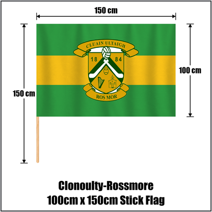 Clonoulty-Rossmore 100cm x 150cm Stick Flag, featuring the club crest and green and gold colours; County Tipperary GAA. ClubFlags.ie.