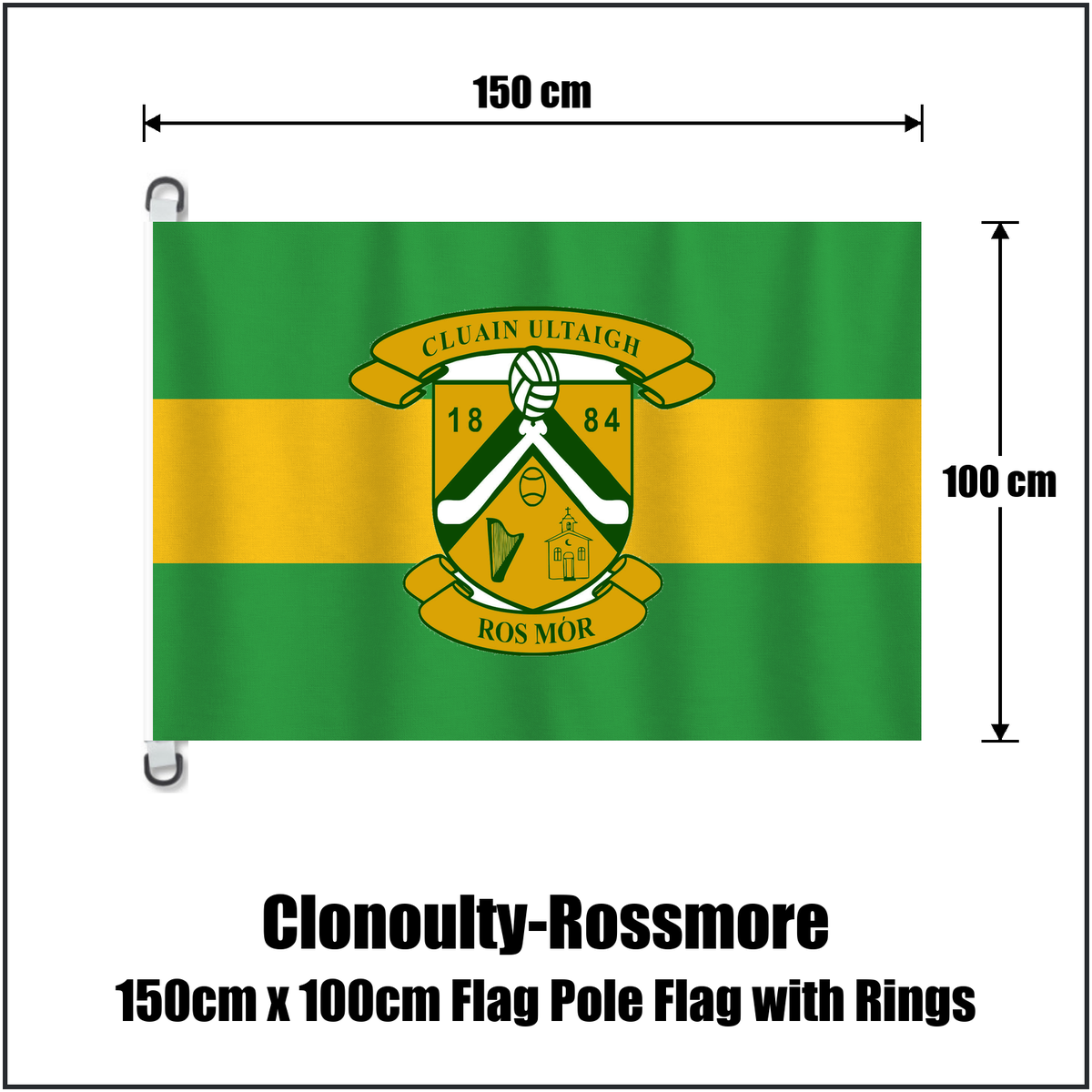 Clonoulty-Rossmore 150cm x 100cm Flag Pole Flag with Rings, featuring the club crest and green and gold colours; County Tipperary GAA. ClubFlags.ie.