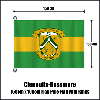 Clonoulty-Rossmore 150cm x 100cm Flag Pole Flag with Rings, featuring the club crest and green and gold colours; County Tipperary GAA. ClubFlags.ie.