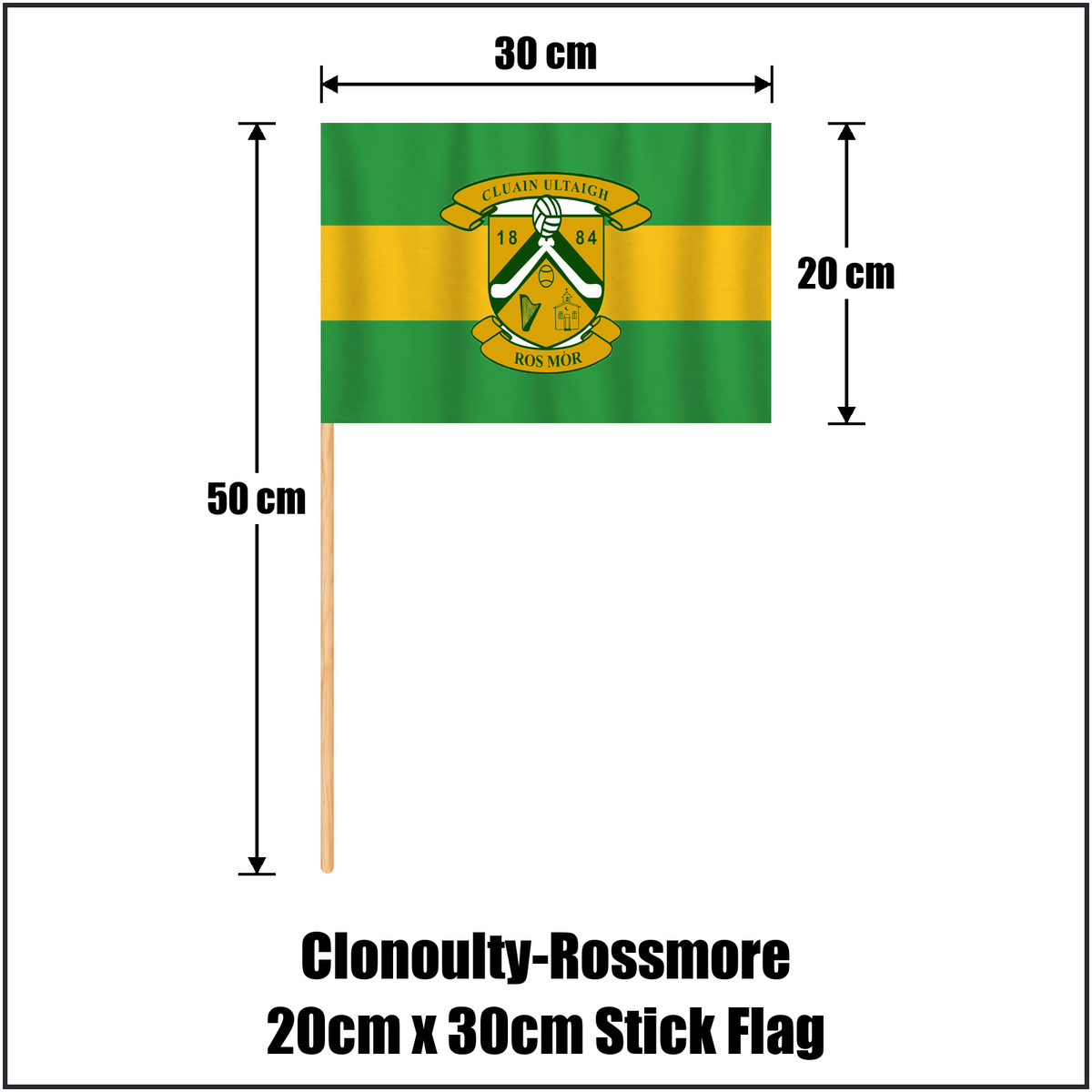 Clonoulty-Rossmore 20cm x 30cm Stick Flag, featuring the club crest and green and gold colours; County Tipperary GAA. ClubFlags.ie.