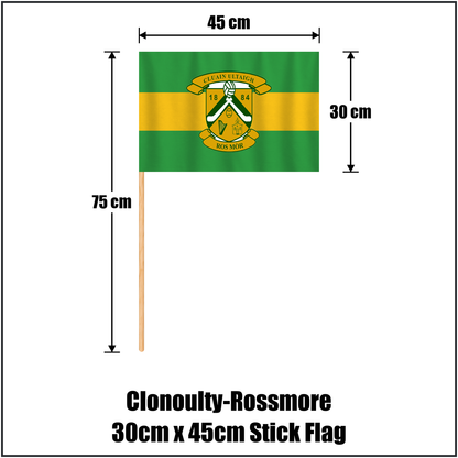 Clonoulty-Rossmore 30cm x 45cm Stick Flag, featuring the club crest and green and gold colours; County Tipperary GAA. ClubFlags.ie.