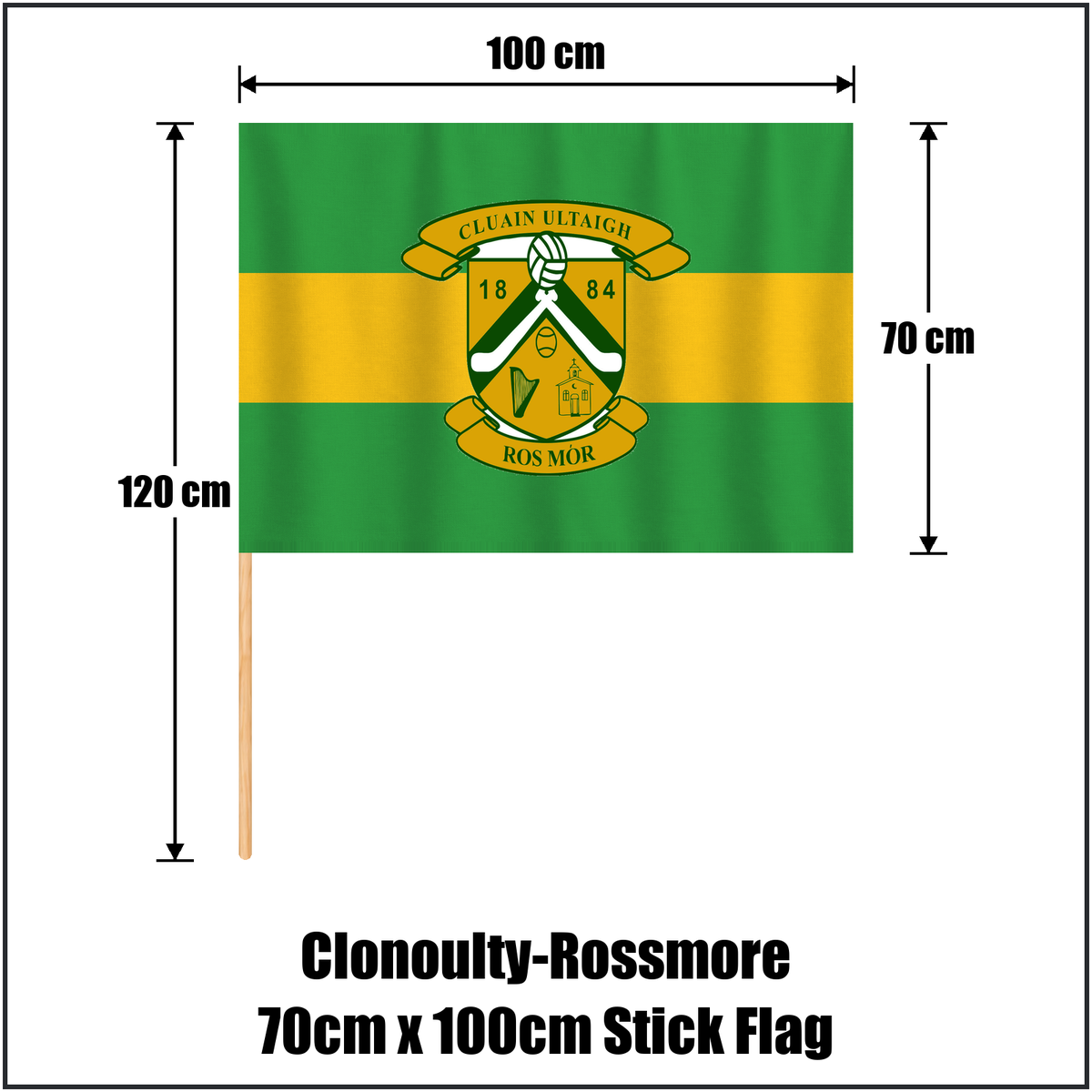 Clonoulty-Rossmore 70cm x 100cm Stick Flag, featuring the club crest and green and gold colours; County Tipperary GAA. ClubFlags.ie.