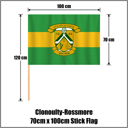Clonoulty-Rossmore 70cm x 100cm Stick Flag, featuring the club crest and green and gold colours; County Tipperary GAA. ClubFlags.ie.
