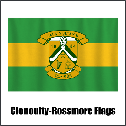 Clonoulty-Rossmore Flags, featuring the club crest and green and gold colours; County Tipperary GAA. ClubFlags.ie.