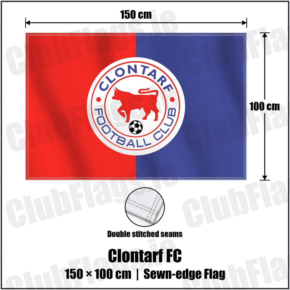 Clontarf FC 100cm x 150cm Flag (sewn on the edges) with the club crest and colours, Dublin Football - ClubFlags.ie