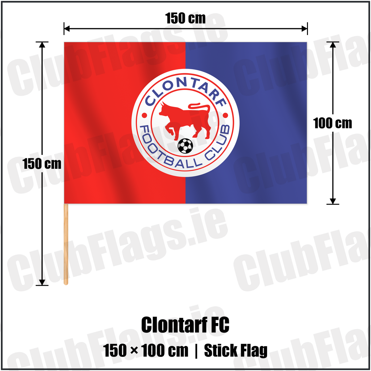 Clontarf FC 100cm x 150cm Stick Flag with the club crest and colours, Dublin Football - ClubFlags.ie