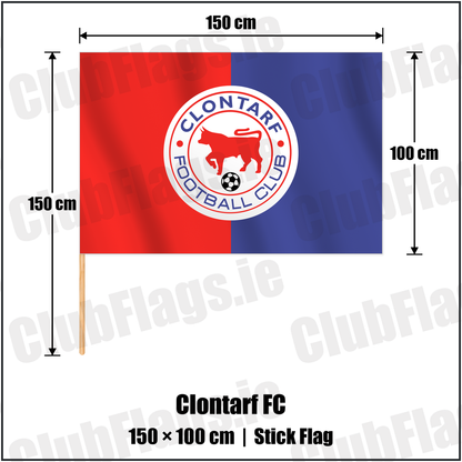 Clontarf FC 100cm x 150cm Stick Flag with the club crest and colours, Dublin Football - ClubFlags.ie