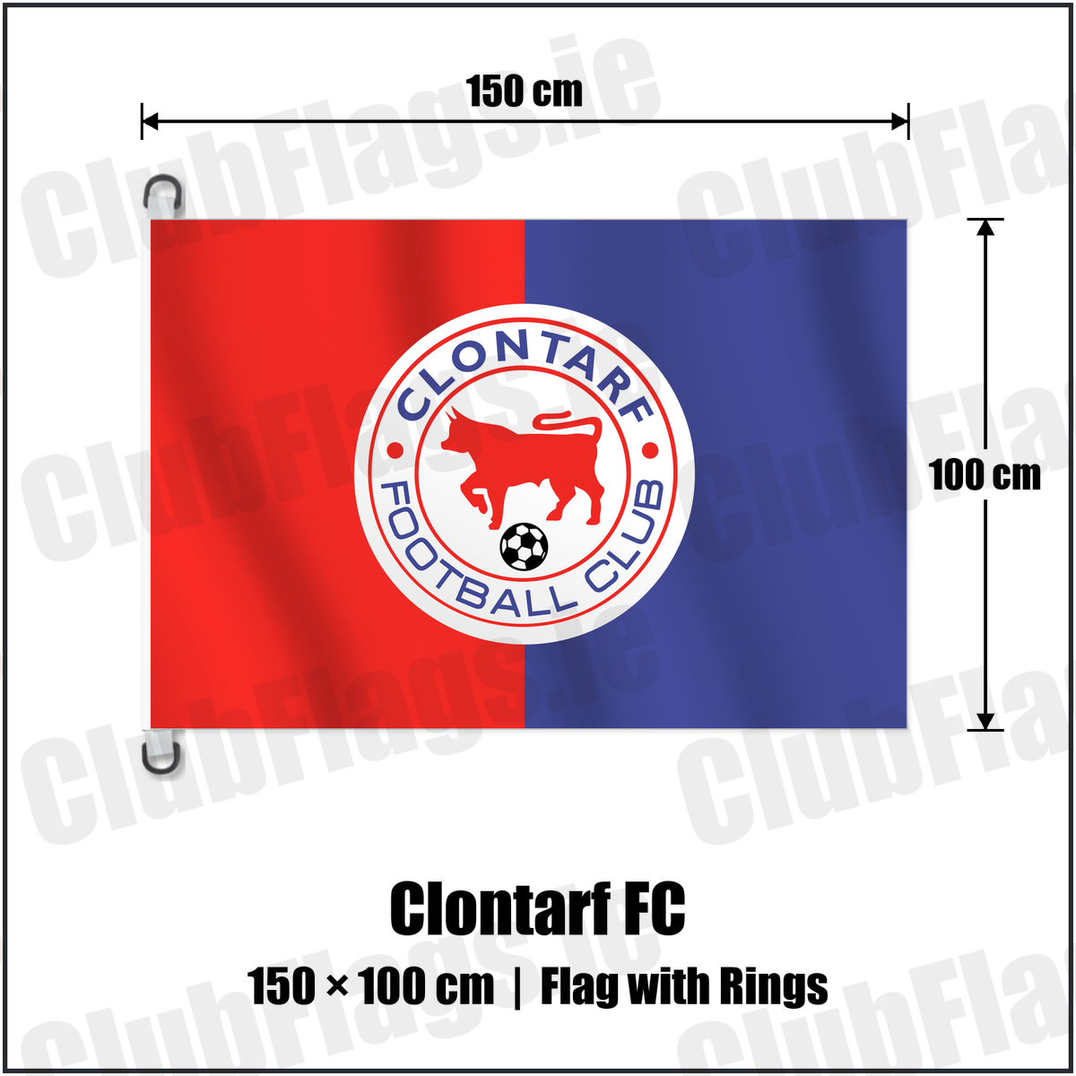 Clontarf FC 150cm x 100cm Flag Pole Flag with Rings with the club crest and colours, Dublin Football - ClubFlags.ie