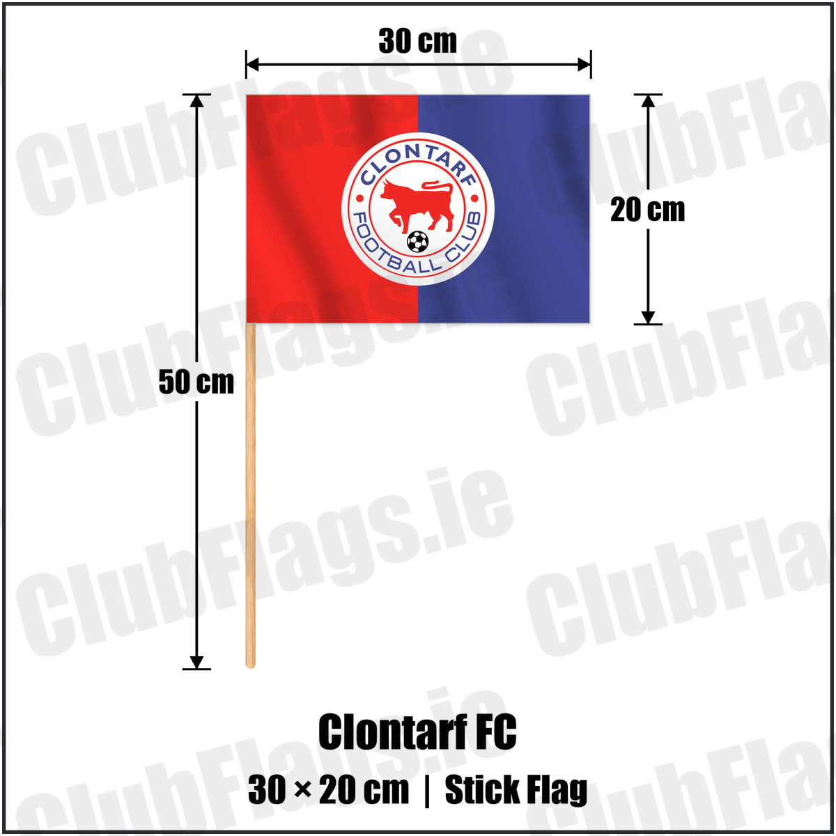 Clontarf FC 20cm x 30cm Stick Flag with the club crest and colours, Dublin Football - ClubFlags.ie