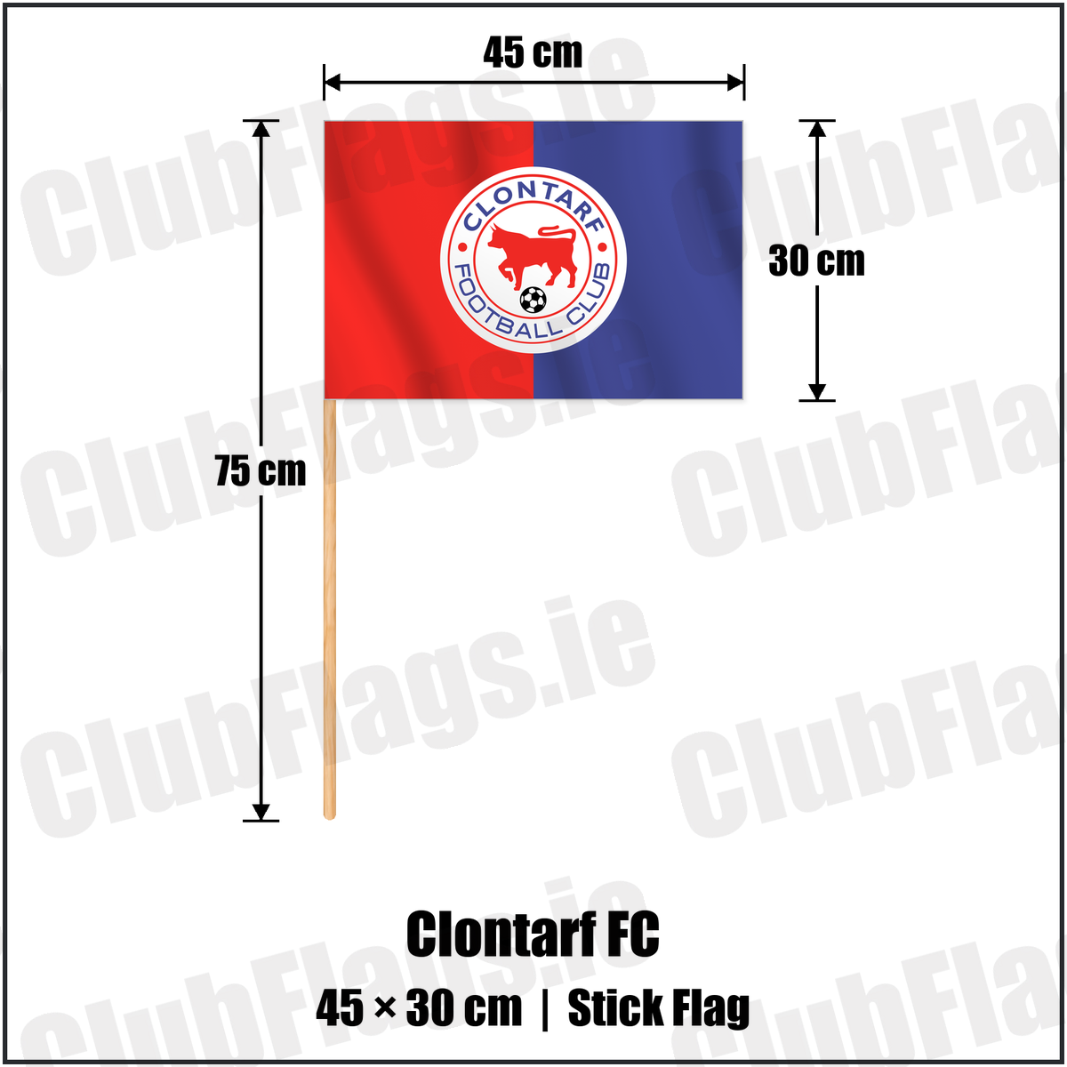 Clontarf FC 30cm x 45cm Stick Flag with the club crest and colours, Dublin Football - ClubFlags.ie