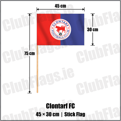 Clontarf FC 30cm x 45cm Stick Flag with the club crest and colours, Dublin Football - ClubFlags.ie