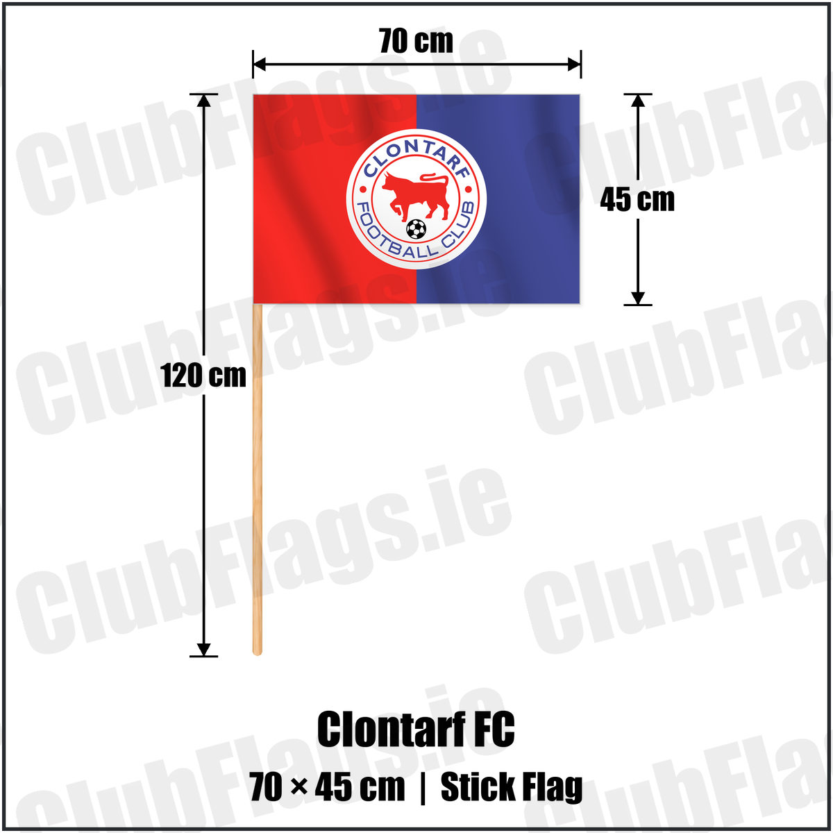 Clontarf FC 45cm x 70cm Stick Flag with the club crest and colours, Dublin Football - ClubFlags.ie