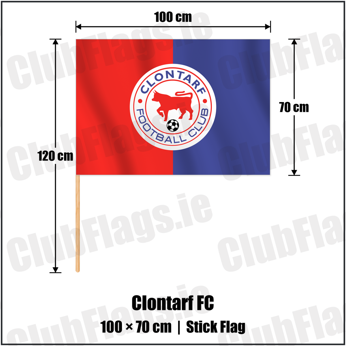 Clontarf FC 70cm x 100cm Stick Flag with the club crest and colours, Dublin Football - ClubFlags.ie