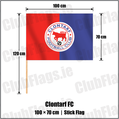 Clontarf FC 70cm x 100cm Stick Flag with the club crest and colours, Dublin Football - ClubFlags.ie