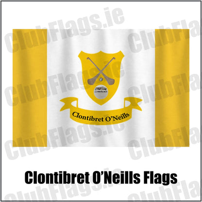 Clontibret O’Neills Flags in saffron and white, featuring the club crest on realistic fabric with gentle vertical folds; County Monaghan GAA. ClubFlags.ie.