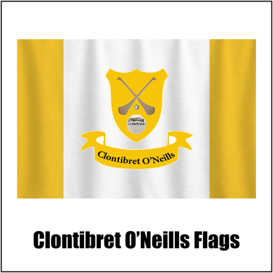 Clontibret O’Neills Flags, featuring the club crest and saffron and white colours; County Monaghan GAA. ClubFlags.ie.