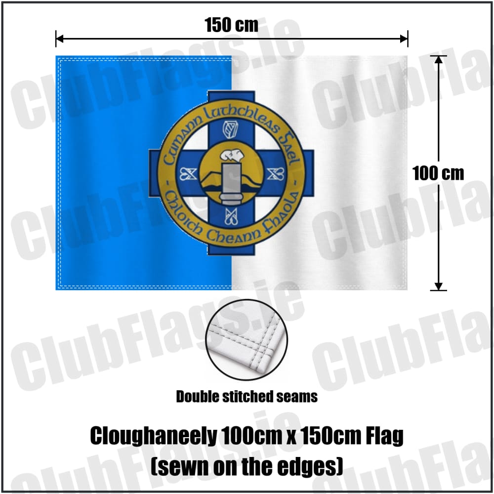 Cloughaneely 100cm x 150cm Flag (sewn on the edges) in blue and white, featuring the club crest on realistic fabric with gentle vertical folds; County Donegal GAA. ClubFlags.ie.