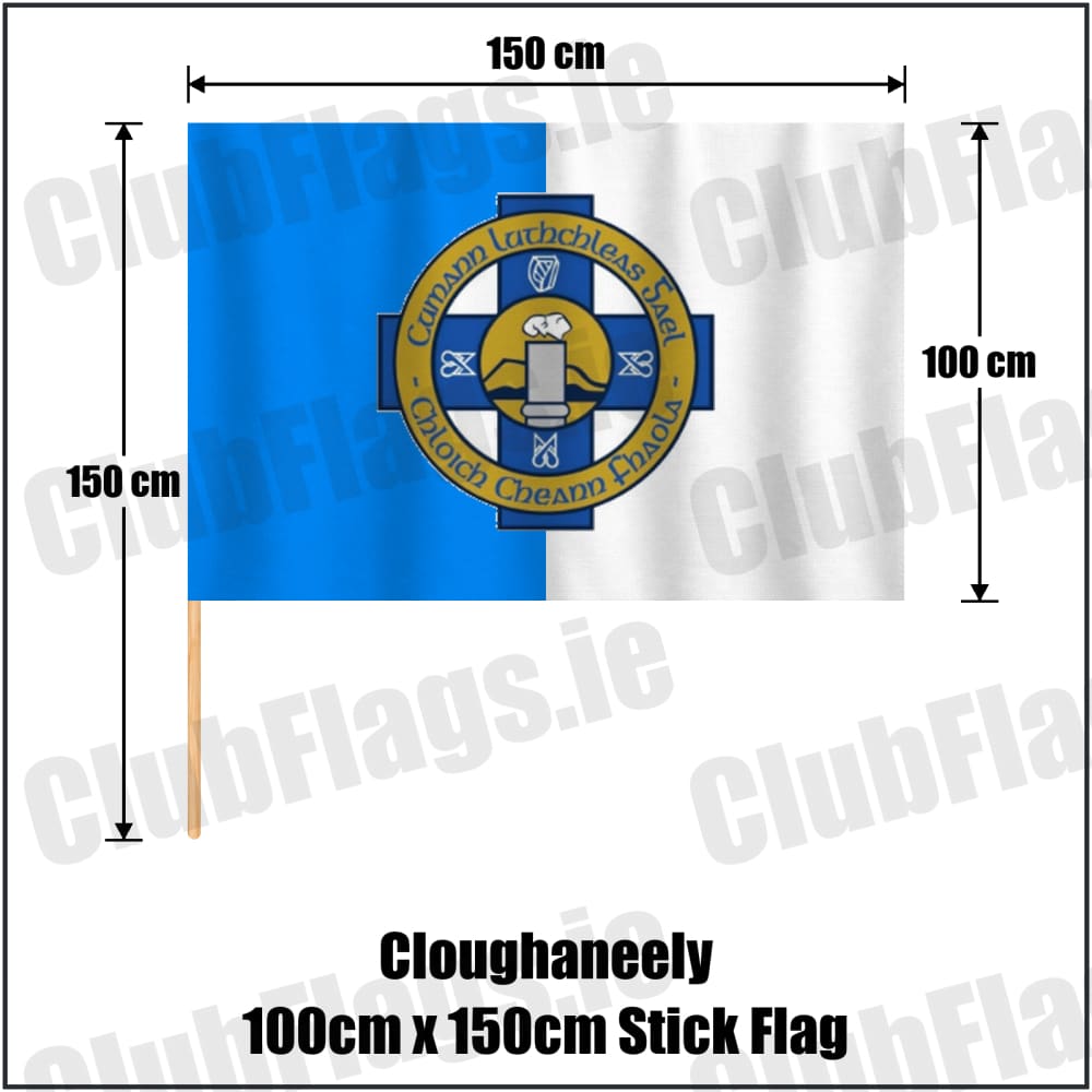 Cloughaneely 100cm x 150cm Stick Flag in blue and white, featuring the club crest on realistic fabric with gentle vertical folds; County Donegal GAA. ClubFlags.ie.