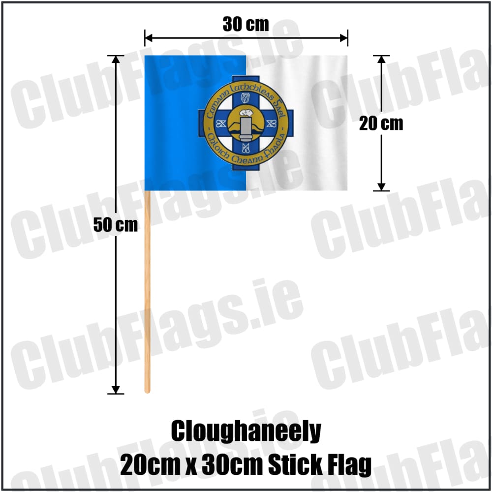Cloughaneely 20cm x 30cm Stick Flag in blue and white, featuring the club crest on realistic fabric with gentle vertical folds; County Donegal GAA. ClubFlags.ie.