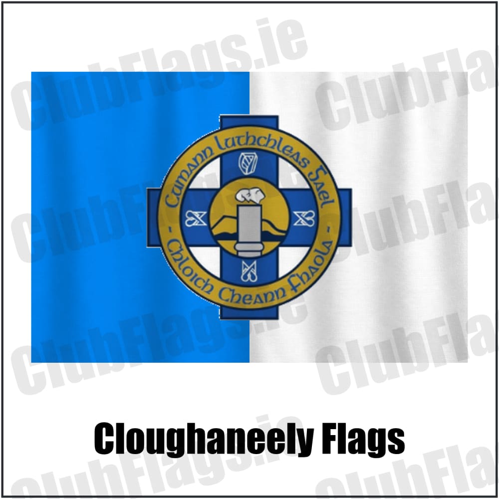 Cloughaneely Flags in blue and white, featuring the club crest on realistic fabric with gentle vertical folds; County Donegal GAA. ClubFlags.ie.