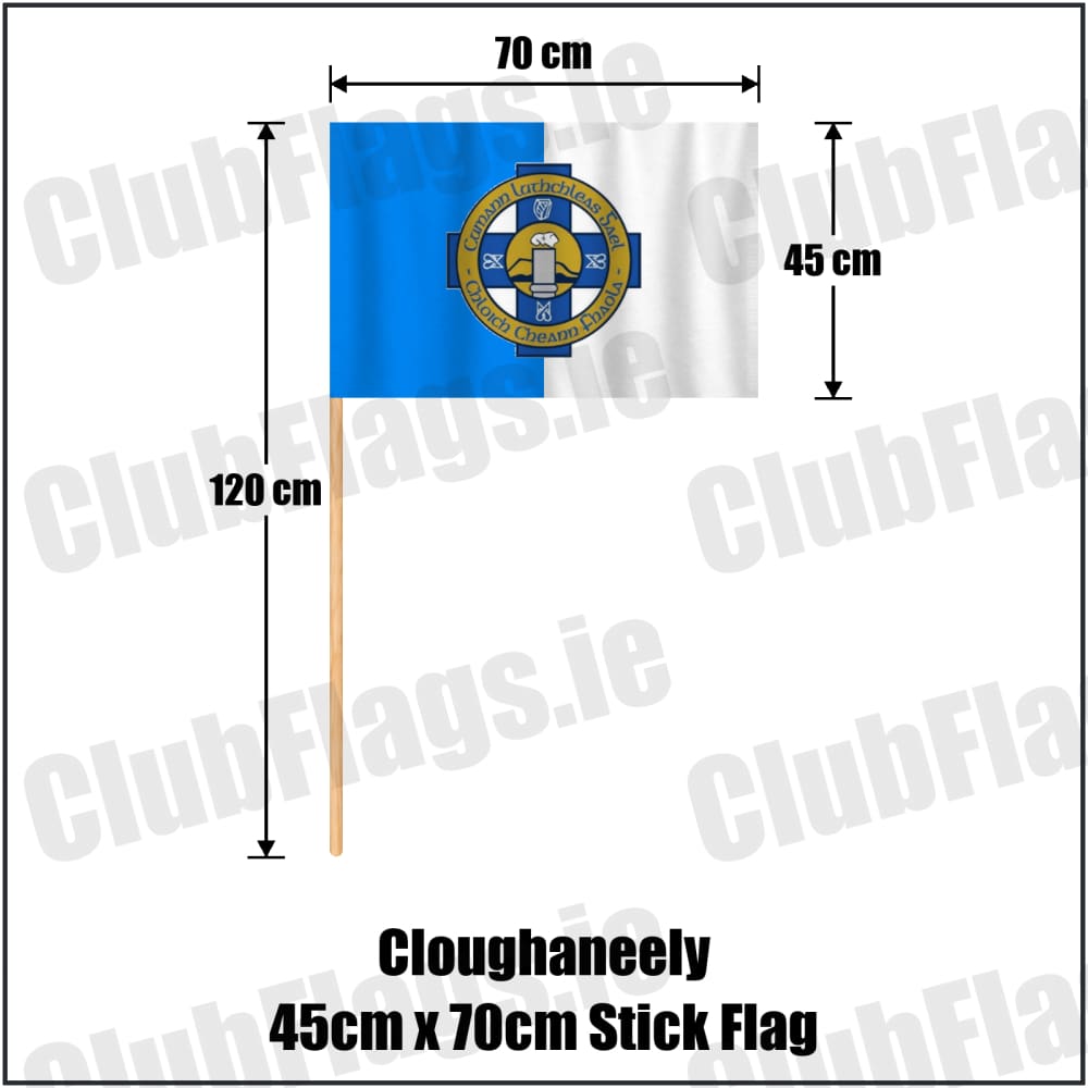 Cloughaneely 45cm x 70cm Stick Flag in blue and white, featuring the club crest on realistic fabric with gentle vertical folds; County Donegal GAA. ClubFlags.ie.