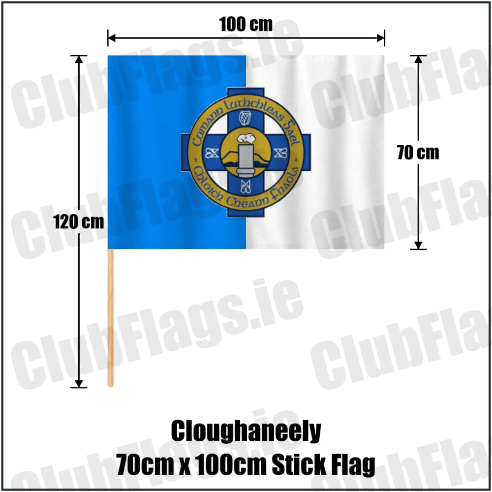 Cloughaneely 70cm x 100cm Stick Flag in blue and white, featuring the club crest on realistic fabric with gentle vertical folds; County Donegal GAA. ClubFlags.ie.