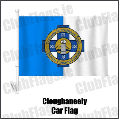 Cloughaneely Car Flag in blue and white, featuring the club crest on realistic fabric with gentle vertical folds; County Donegal GAA. ClubFlags.ie.