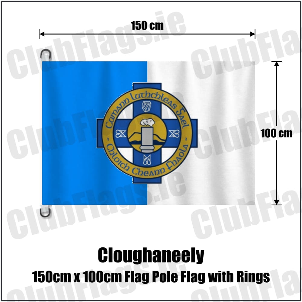 Cloughaneely 150cm x 100cm Flag Pole Flag with Rings in blue and white, featuring the club crest on realistic fabric with gentle vertical folds; County Donegal GAA. ClubFlags.ie.