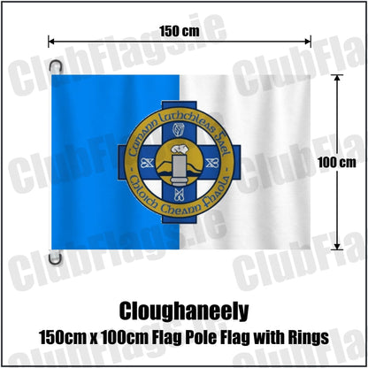 Cloughaneely 150cm x 100cm Flag Pole Flag with Rings in blue and white, featuring the club crest on realistic fabric with gentle vertical folds; County Donegal GAA. ClubFlags.ie.