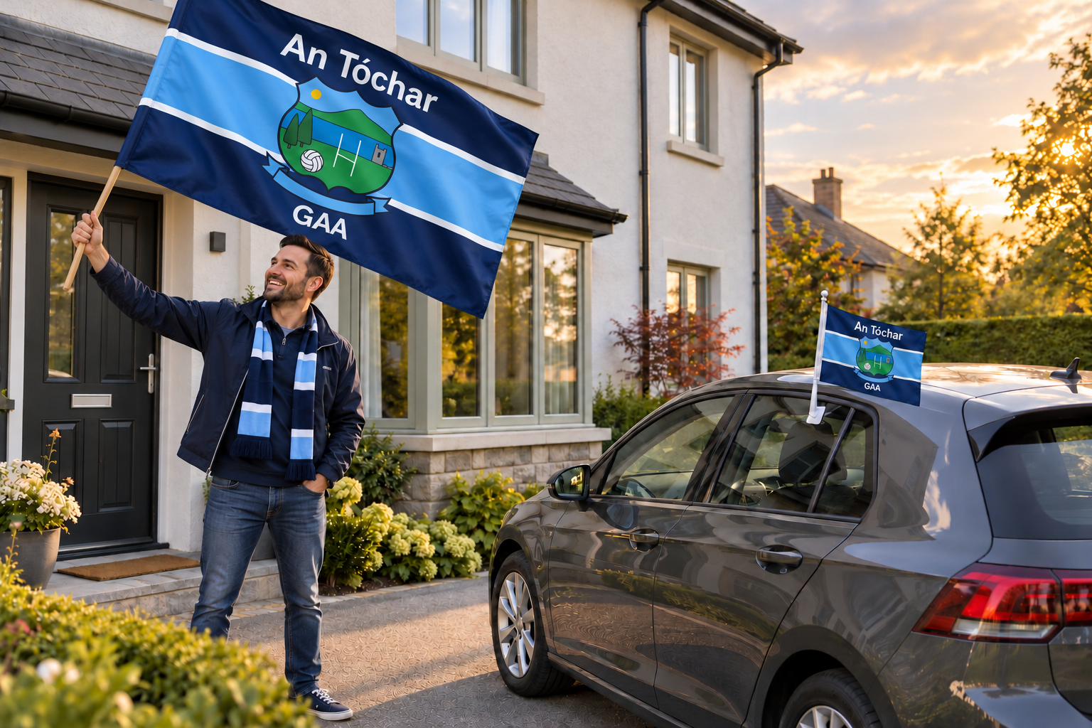 A supporter waves a large An Tóchar GAA stick flag outside a house beside a car with a matching club flag
