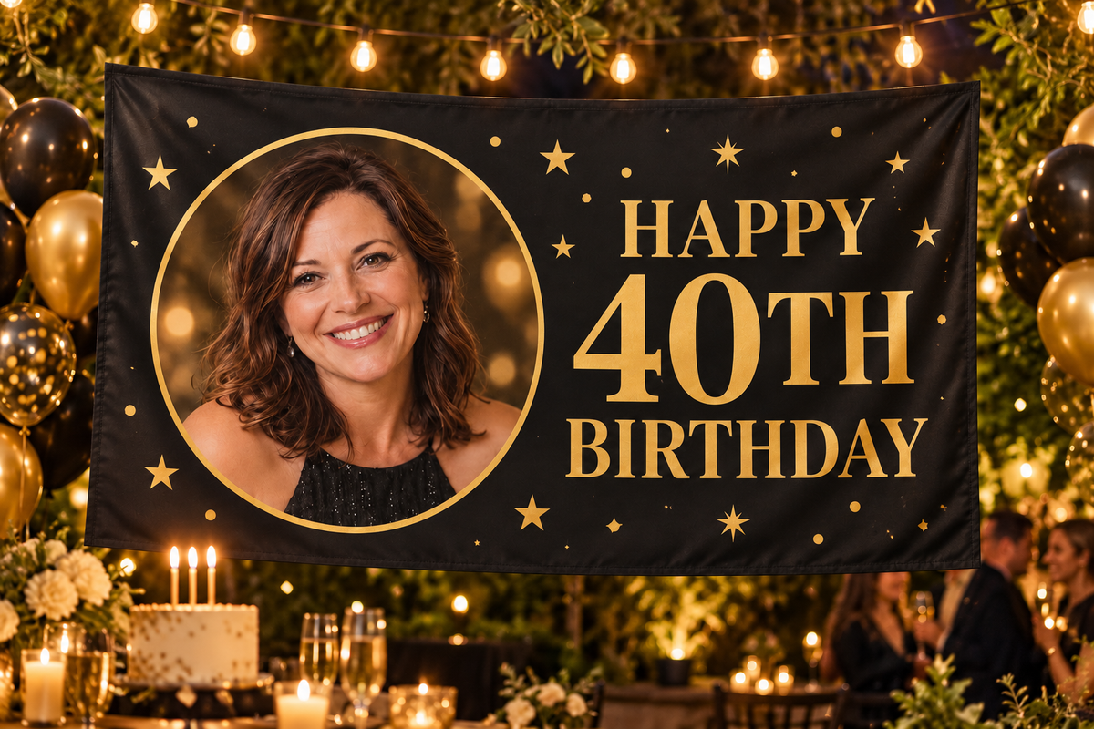 Personalised black and gold birthday flag with a portrait at a birthday celebration