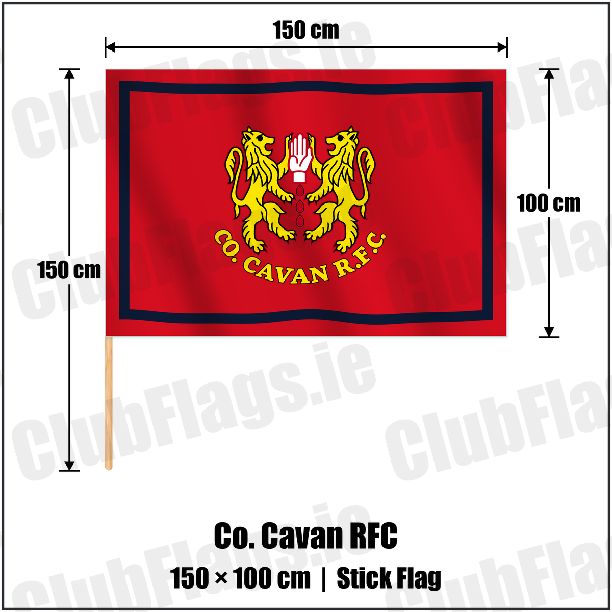 Co. Cavan RFC 100cm x 150cm Stick Flag with the club crest and colours, Cavan Rugby - ClubFlags.ie
