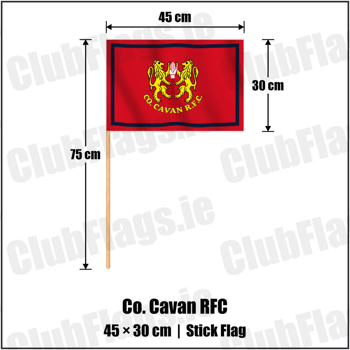 Co. Cavan RFC 30cm x 45cm Stick Flag with the club crest and colours, Cavan Rugby - ClubFlags.ie