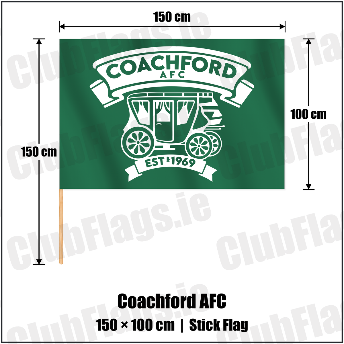 Coachford AFC 100cm x 150cm Stick Flag with the club crest and colours, Cork Football - ClubFlags.ie