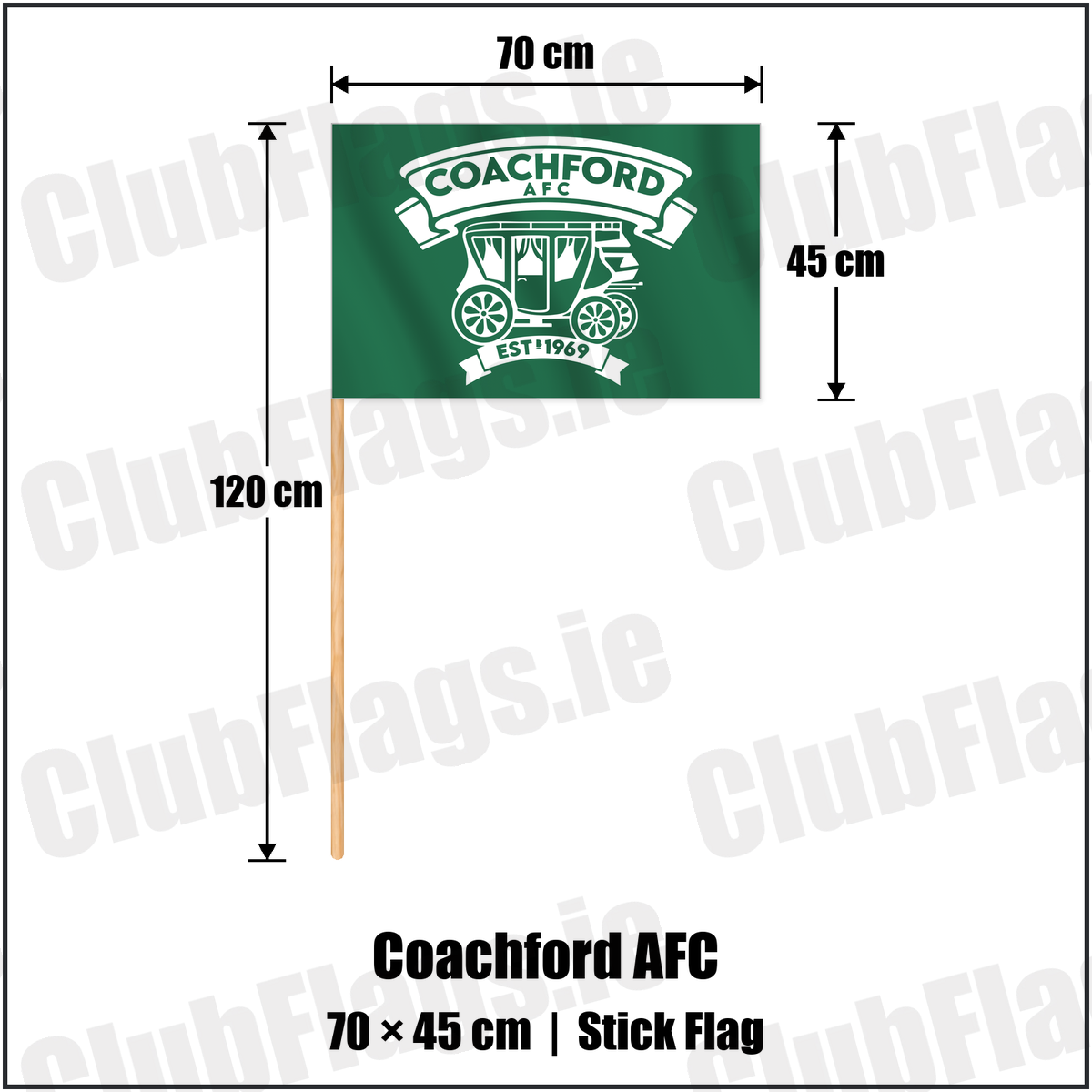 Coachford AFC 45cm x 70cm Stick Flag with the club crest and colours, Cork Football - ClubFlags.ie