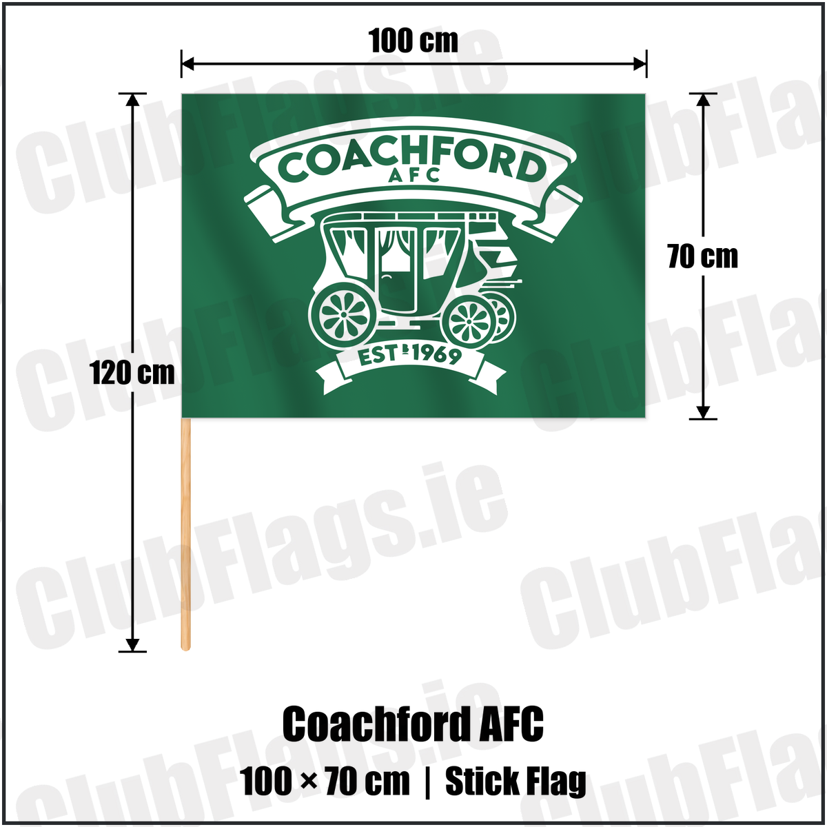 Coachford AFC 70cm x 100cm Stick Flag with the club crest and colours, Cork Football - ClubFlags.ie