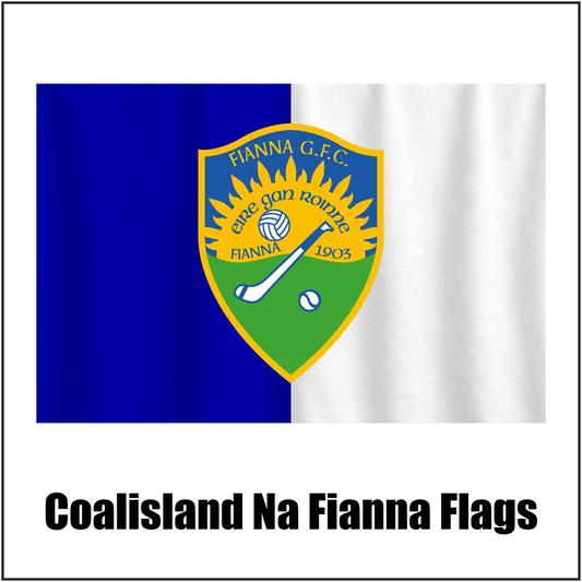 Coalisland Na Fianna Flags, featuring the club crest and royal blue and white colours; County Tyrone GAA. ClubFlags.ie.