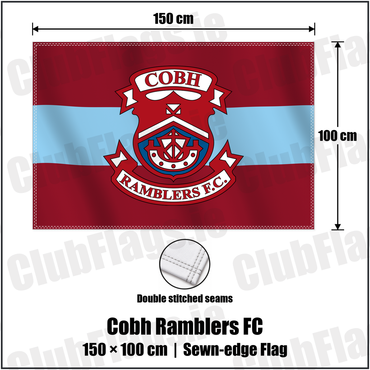Cobh Ramblers FC 100cm x 150cm Flag (sewn on the edges) with the verified club crest and colours, Cork Football - ClubFlags.ie