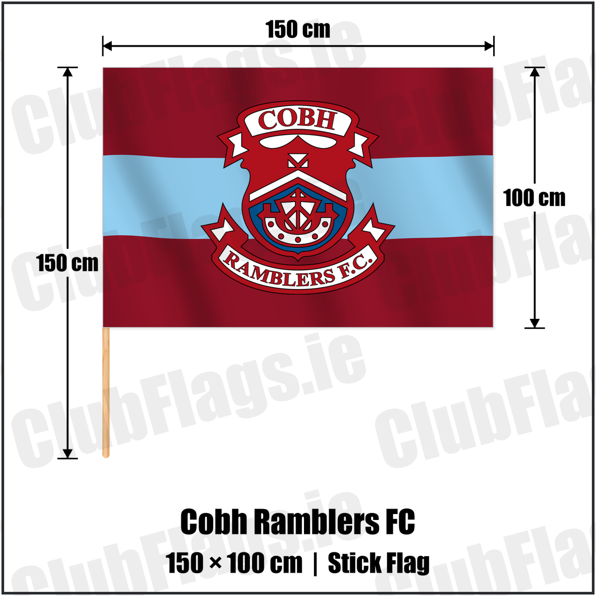 Cobh Ramblers FC 100cm x 150cm Stick Flag with the verified club crest and colours, Cork Football - ClubFlags.ie