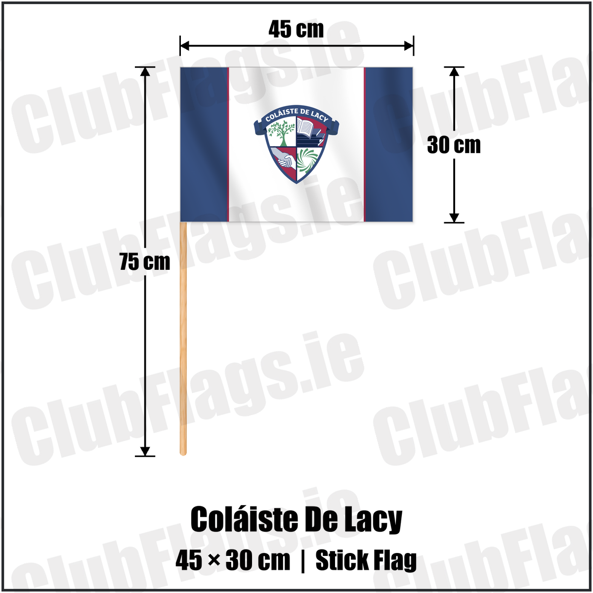 Coláiste De Lacy 30cm x 45cm Stick Flag with the club crest and colours, Meath GAA - ClubFlags.ie
