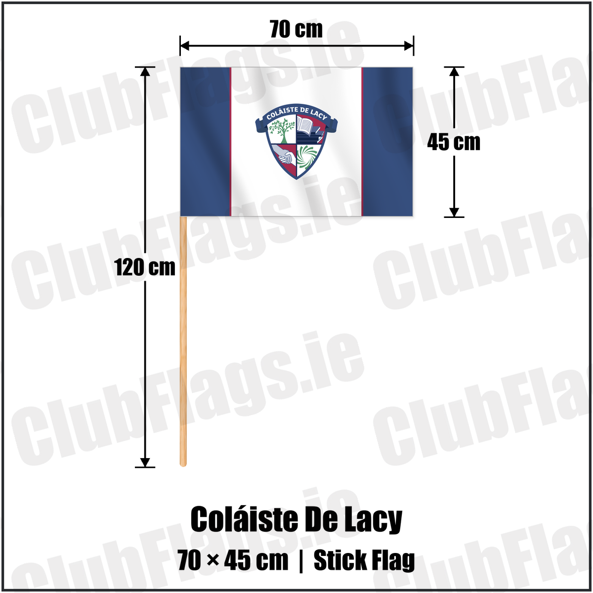 Coláiste De Lacy 45cm x 70cm Stick Flag with the club crest and colours, Meath GAA - ClubFlags.ie