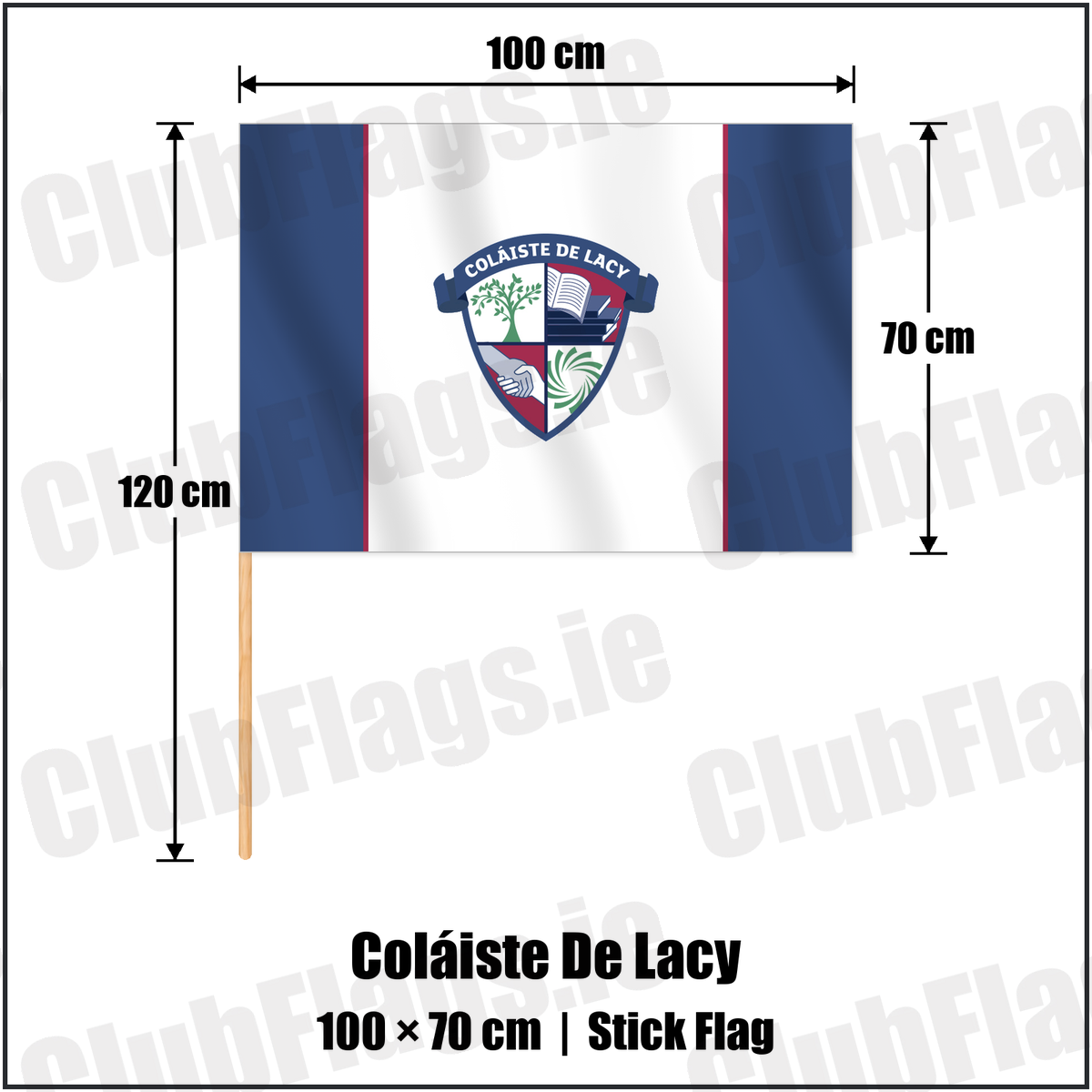 Coláiste De Lacy 70cm x 100cm Stick Flag with the club crest and colours, Meath GAA - ClubFlags.ie