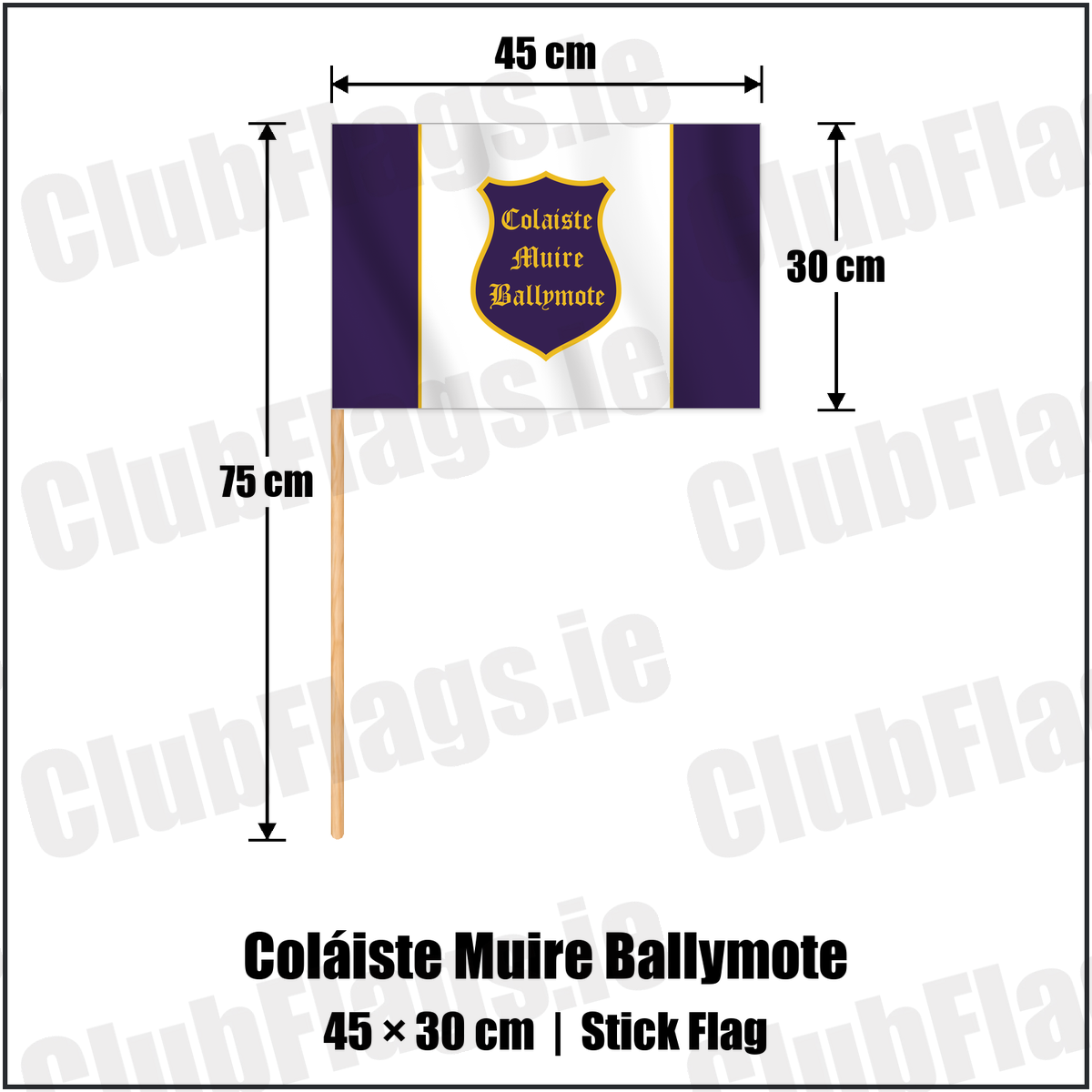 Coláiste Muire Ballymote 30cm x 45cm Stick Flag with the club crest and colours, Sligo GAA - ClubFlags.ie