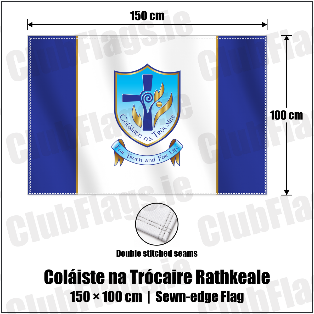 Coláiste na Trócaire Rathkeale 100cm x 150cm Flag (sewn on the edges) with the club crest and colours, Limerick GAA - ClubFlags.ie