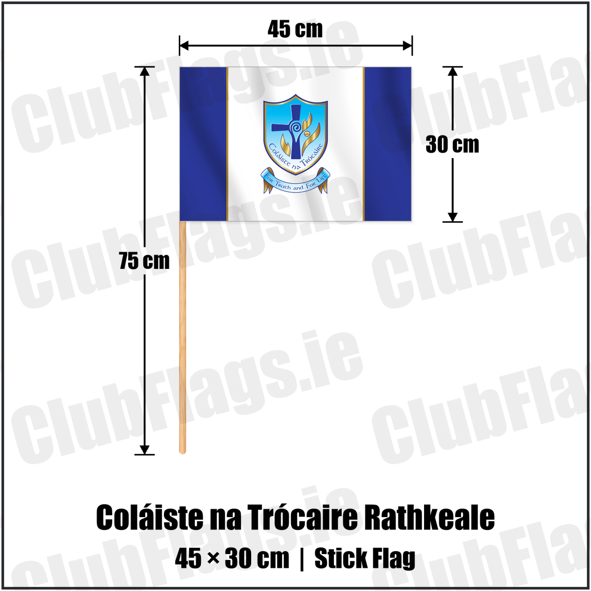 Coláiste na Trócaire Rathkeale 30cm x 45cm Stick Flag with the club crest and colours, Limerick GAA - ClubFlags.ie