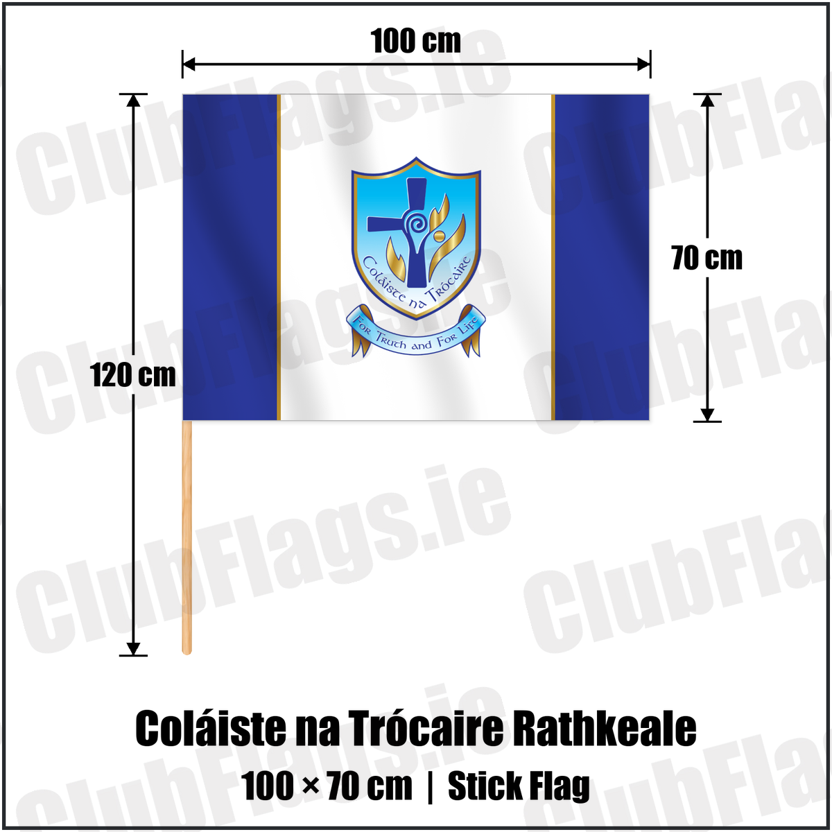 Coláiste na Trócaire Rathkeale 70cm x 100cm Stick Flag with the club crest and colours, Limerick GAA - ClubFlags.ie